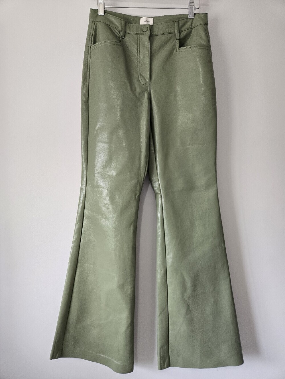 Wilfred Aritzia Sage Green Flared Faux Leather Pants. Size 6